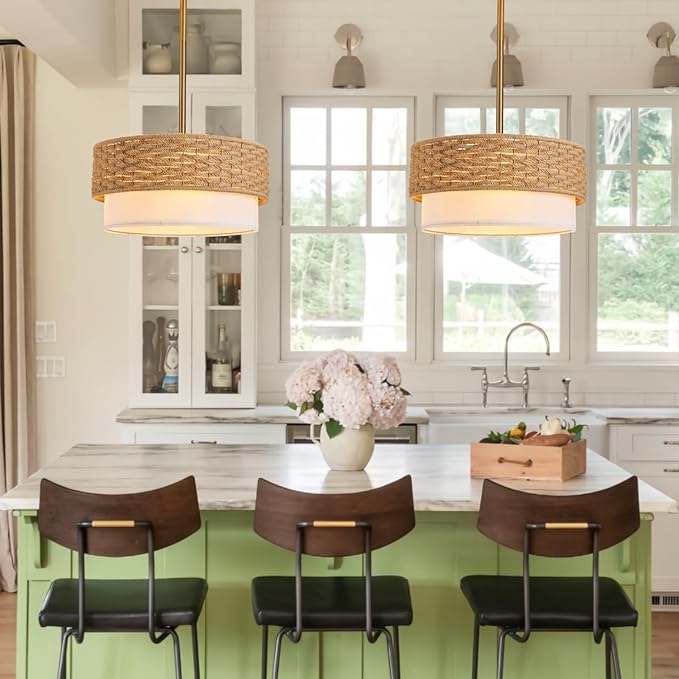 15in Boho Coastal Pendant Lights, 15in Woven Rattan Lighting Fixture, 2-Tier Rope Chandelier with Fabric Shade for Kitchen Island, Living Room, Dining Room, Bedroom, Restaurant