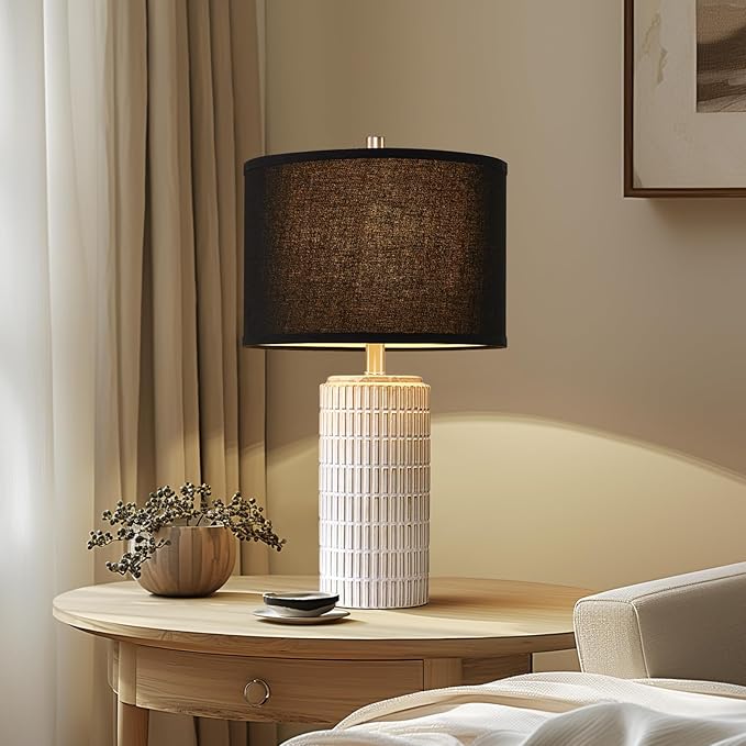 23'' Set of 2 Modern Ceramic Table Lamps, Minimalist Bedside Lamp, Rustic Nightstand End Table Lamp for Bedroom, Living Room, Study Room, Office, 2 LED Bulbs Included (Black)