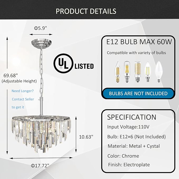Chrome Crystal Chandeliers for Dining Room, 18" Modern Round Chandelier 4-Tier 6 Lights Dimmable Luxury Ceiling Light Fixture K9 Raindrop Crystal Pendant Lamp for Living Room Bedroom Foyer