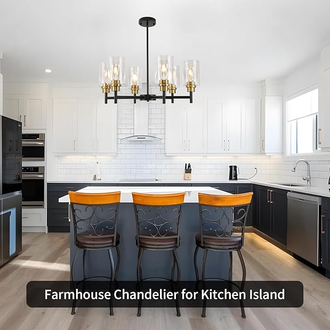 Farmhouse Chandeliers for Dining Room Black Chandelier 6 Light Dining Room Light Fixture with Clear Glass Shades Gold Pendant Lights for Kitchen Island Living Room Entryway Staircase