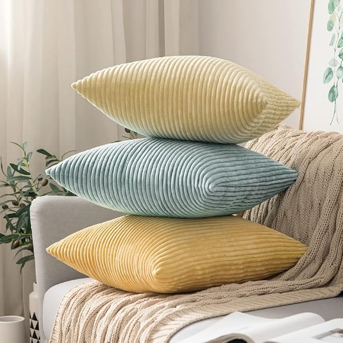 MIULEE Pack of 2 Corduroy Pillow Covers Soft Soild Striped Throw Pillow Covers Set Decorative Square Cushion Cases Pillowcases for Sofa Bedroom Couch 16 x 16 Inch Mint