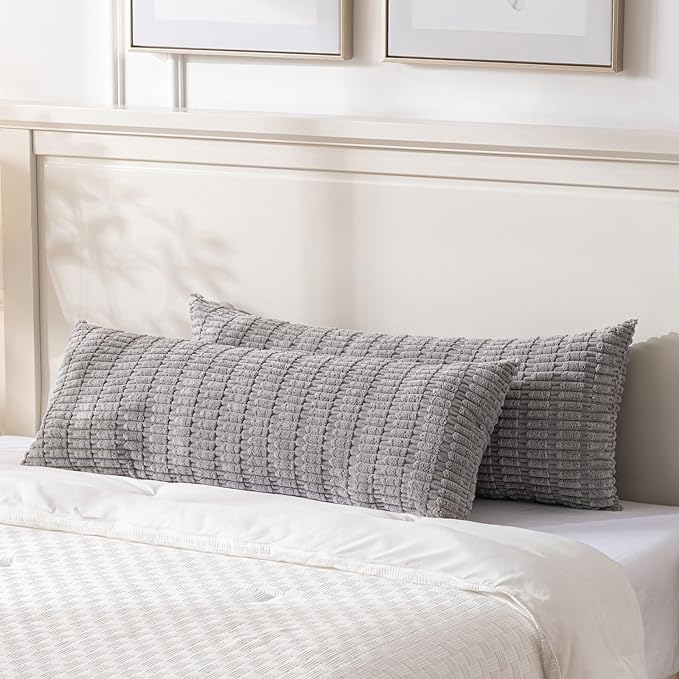 Fancy Homi Gray Long Lumbar Farmhouse Decorative Throw Pillow Covers 14x36 Inch for Bed Couch Bed Sofa, Rustic Boho Room Decor, Soft Striped Corduroy Rectangle Cushion Case 35x91 cm
