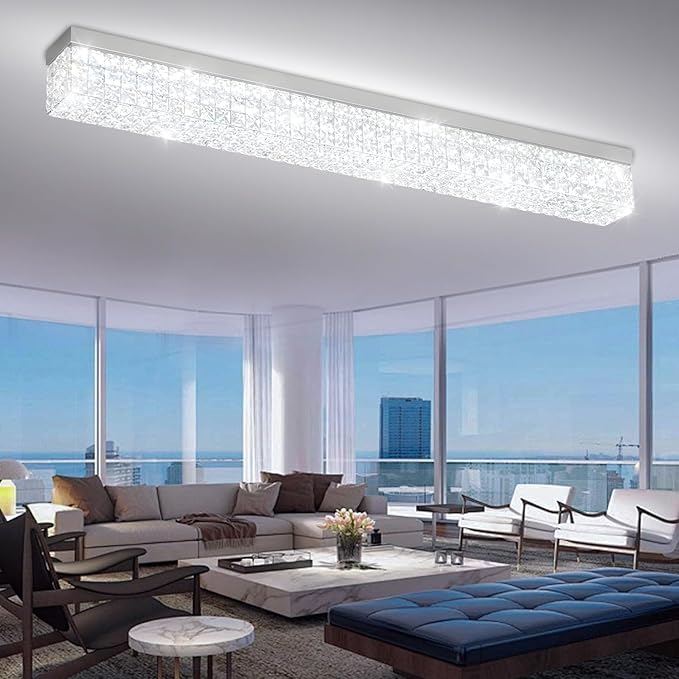 L48 Rectangular Chandelier Flush Mount Rectangle Chandelier Modern K9 Crystal Chandeliers Light Fixture for Dining Room Bedroom Bar Silver Crystal Ceiling Lights