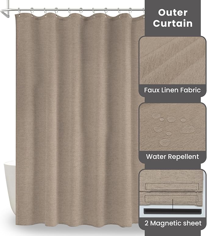 Inhousolu Boho Farmhouse Shower Curtain with Fabric Liner Set, Faux Linen Textured, 8 Metal Hooks Luxury Weighted Hem, Washable Wrinkle Free Bath Curtain for Hotel Bathroom 36" W x 72" L Beige