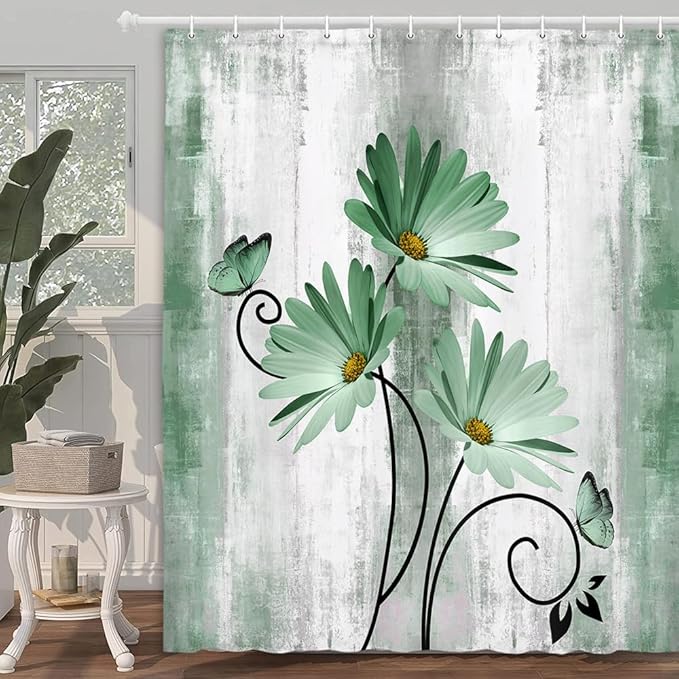 Rustic Farmhouse Shower Curtain, Farm Sage Green Daisy Floral Flowers and Butterfly on Country Wooden Shower Curtain for Bathroom, Turquoise Teal Gray Grey Shower Curtain with 12PCS Hooks, 70X70IN