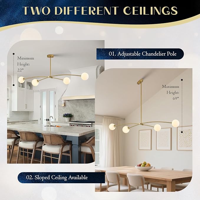 Modern Gold Sputnik Chandelier L51” Mid Century 4 Lights Milk Glass Globe Ceiling Pendant Light Fixture Contemporary for Kitchen Island Dining Room Bar Bedroom Home Office