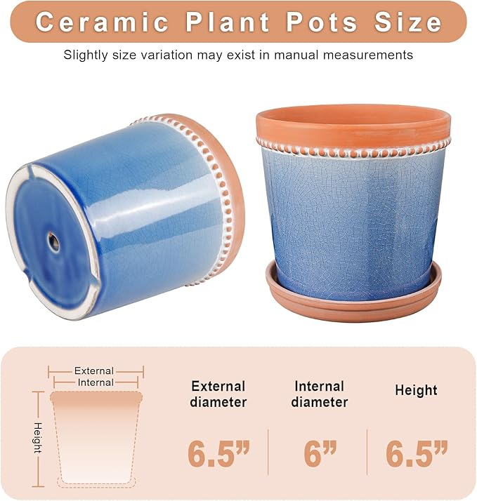 6 Inch Plant Pots, Ceramic Pots for Plants with Drainage Hole and Saucer,Modern Flower Pots Indoor/Outdoor Pot for Plants,Set of 2 - Crackle Glaze Blue