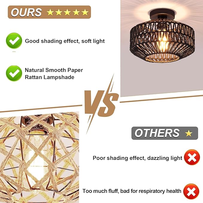 Boho Rattan Ceiling Light Fixture, Mini Rattan Chandelier Lighting Fixture, Hand Woven Ceiling Light Fixtures for Hallway Bedroom Kitchen Entryway Living Room (Black)