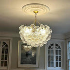 Bubble Chandeliers Lighting Gold 31" Swirled Clear Ribbed Blown Glass Globe Art Deco 9-Light Cluster Ball Pendant Lights Fixture for Living Room, Bedroom, Kitchen Island