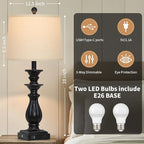 28" Farmhouse Table Lamps Set of 2 for Living Room, 3 Way Dimmable Bedside Lamp with USB C+A Ports & AC Outlet, Resin Vintage Tall Nightstand Lamps for Bedroom Office Hallway, Black