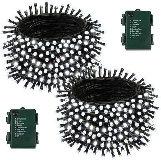 2 Pack Battery Operated Christmas Lights with Timer, 66FT 200 LED Waterproof Battery Twinkle Light, 8 Modes Green Wire Fairy Lights for Indoor & Outdoor Bedroom Tree Christmas Decorations (Cool White)