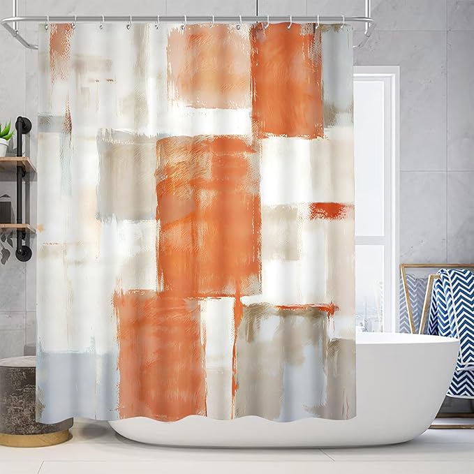 Orange Modern Painting Art Bathroom Shower Curtain Sets with 12 Hooks, 70.8 x 70.8 inches Fabric Shower Curtain, Bath Mat, Toilet Lid Cover, U Shaped Rugs