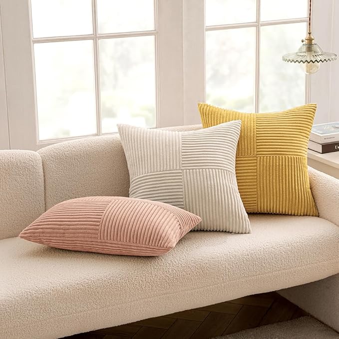 MIULEE Gold Corduroy Pillow Covers Pack of 2 Boho Decorative Spliced Throw Pillow Covers Soft Solid Couch Pillowcases Cross Patchwork Textured Cushion Covers for Living Room Bed Sofa 20x20 inch