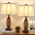 Bedside Lamps Set of 2-23.5" Vintage Table Lamp with USB A+C and Nightlight - Brown Carved Resin Farmhouse Desk Lamp for Bedrooms, End Tables, Living Room, Bulbs Included