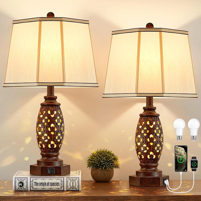Bedside Lamps Set of 2-23.5" Vintage Table Lamp with USB A+C and Nightlight - Brown Carved Resin Farmhouse Desk Lamp for Bedrooms, End Tables, Living Room, Bulbs Included
