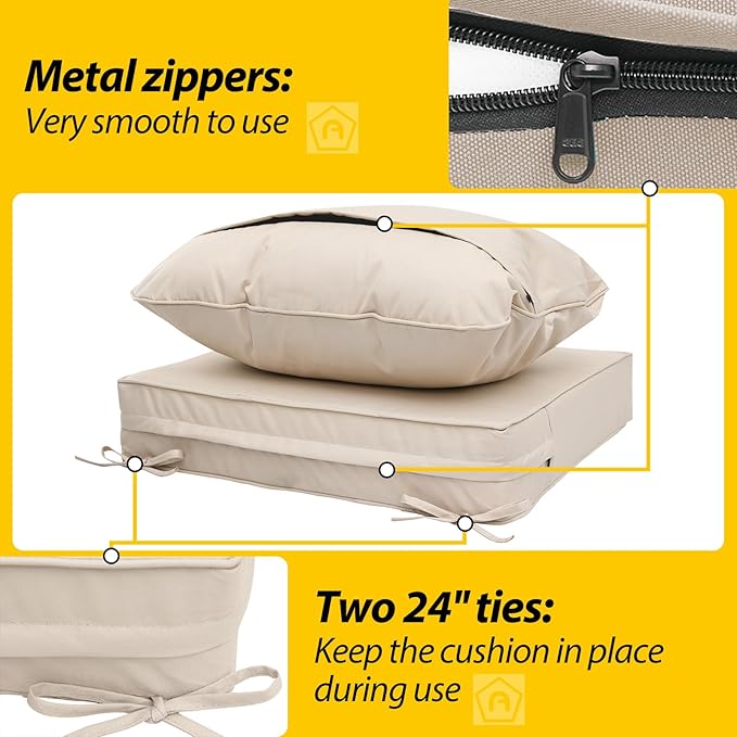 AAAAAcessories Outdoor Deep Seat Cushions, Waterproof, Fade-Resistant Patio Furniture Replacement Cushions, 24" x 24" x 5", Set of 4, Khaki Beige