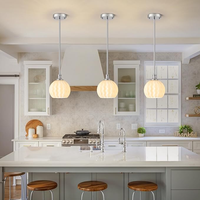 Milk Glass Pendant Lights Kitchen Island 2 Pack, 7.3" Brushed Nickel Modern Pendant Light Fixtures with Rods, Globe Hanging Lighting for Kitchen Sink Bathroom Dining Room, E26 Base