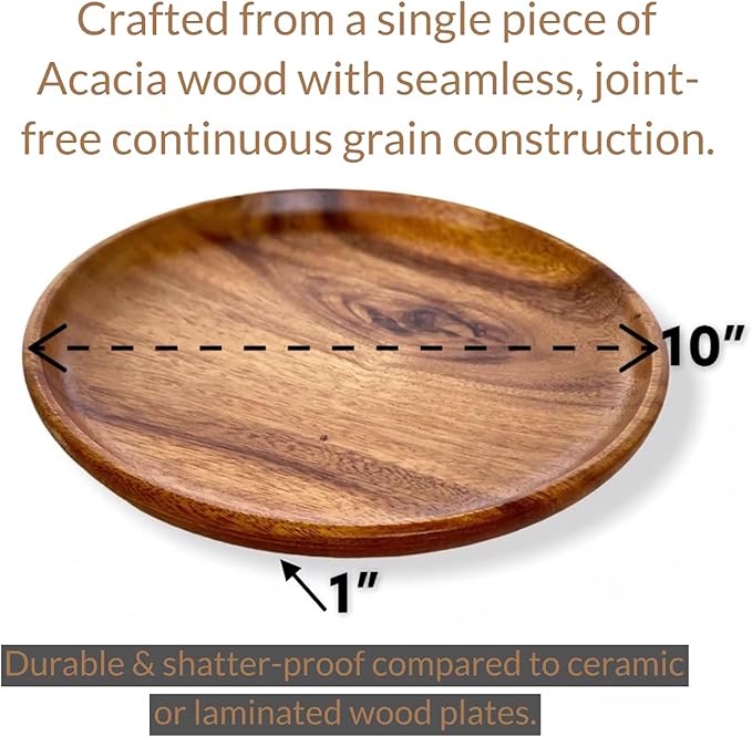 Acacia Wooden Plates – Set of 4, 10” Round Dinner Plates, Rustic Handcrafted Tableware for Charcuterie, BBQ, Farmhouse Dining, or Gift