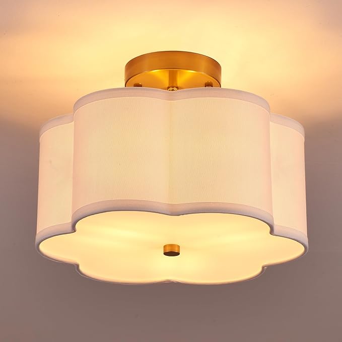 Modern Semi Flush Mount Ceiling Light Modern Gold 3-Lights Drum Ceiling Lighting Fixture Vintage Linen Golden Ceiling Lamp for Laundry Room, Kitchen, Basement, Dining Room, Bedroom