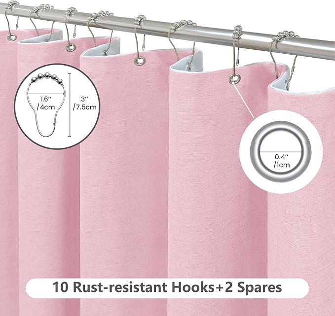 Inhousolu Boho Farmhouse Shower Curtain with Fabric Liner Set, Faux Linen Textured, 12 Metal Hooks Luxury Weighted Hem, Washable Wrinkle Free Bath Curtain for Hotel Bathroom 60" W x 72" L Pink