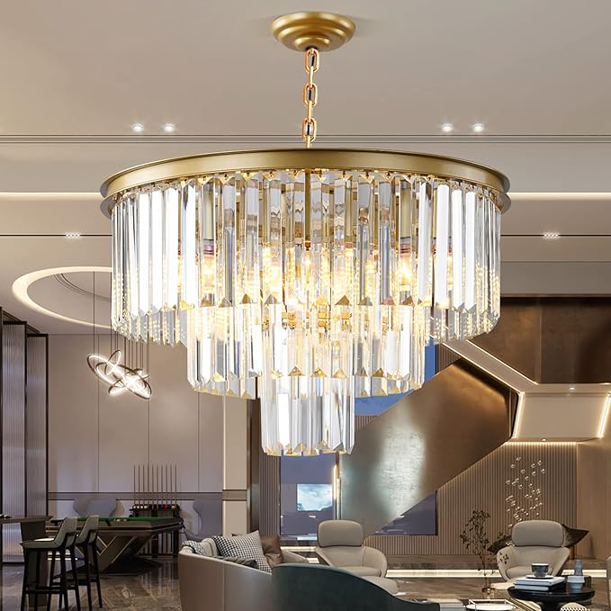 Gold Modern Crystal Chandelier, 3-Tier Round Flush Mount Ceiling Light Fixtures Height Adjustable Pendant Lighting for Dining Room Living Room Bedroom Kitchen Hotel Foyer