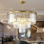 Gold Modern Crystal Chandelier, 3-Tier Round Flush Mount Ceiling Light Fixtures Height Adjustable Pendant Lighting for Dining Room Living Room Bedroom Kitchen Hotel Foyer