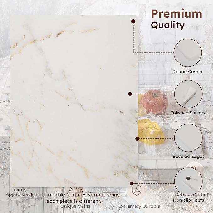 Diflart Natural Marble Stone Cutting Board for Kitchen, 16x20 Inch, White with Gold Veins, Marble Slab Pastry Board Large with Non-Slip Feet for Baking, Cheese, Charcuterie, Chocolate, Pack of 1 Pcs
