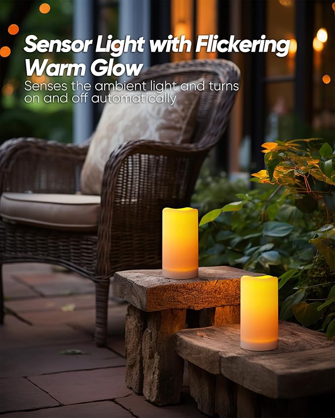 Homemory Solar Candles Outdoor Waterproof, Rechargeable Candles, Solar Powered Flameless Candles for Outdoor, Lanterns, Sensor Only, Dusk to Dawn, 3"x6", Set of 4