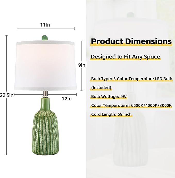 GRUENLICH Ceramic Table Lamp Set of 2 for Nightstand, 22.5" Modern Green Bedside Lamp with 3 Adjustable Color Temperature, Bedroom Lamp for Living Room Desk End Table Office (2 LED Bulbs Included)