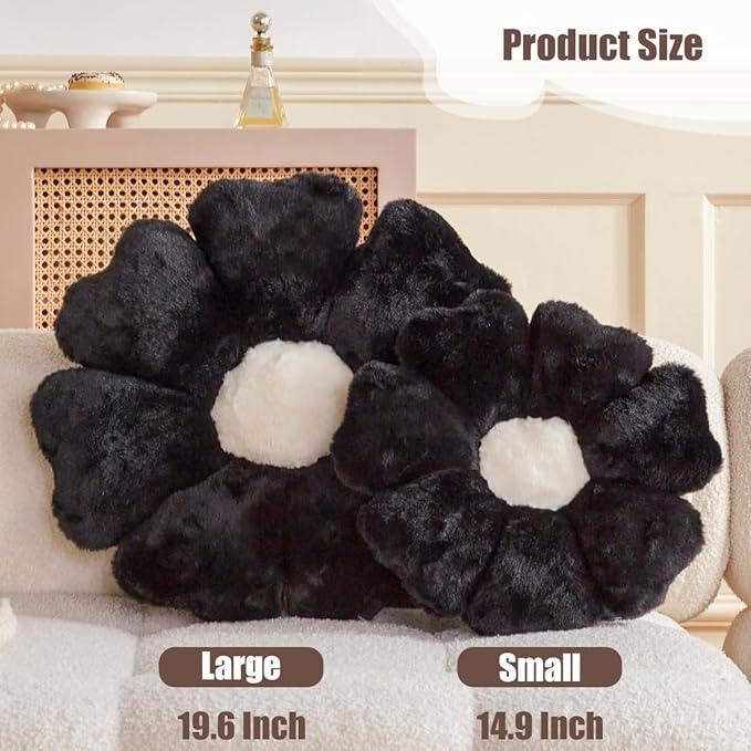 Flower Pillow, Black Daisy Flower Decorative Pillows for Bed, Cute 19.6" Flower Shaped Pillow with Soft Faux Rabbit Fur Dorm Home Decor Floor Seating Cushion