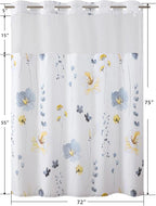 QiyI Flower Shower Curtain with Snap in Liner, Blue and Yellow Watercolor Floral Cloth Bath Curtains, No Hook Shower Curtains with Mesh Top Window, Fabric Waterproof Bathroom Curtain Set, 72 x 75 Inch