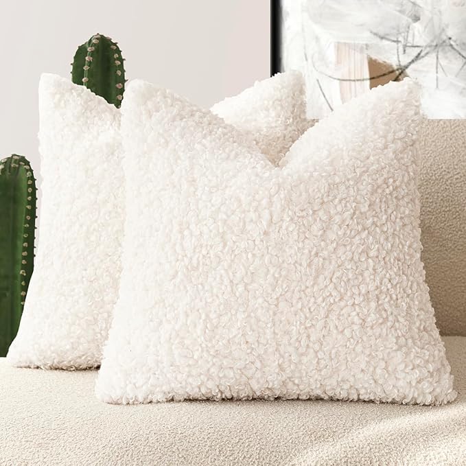 Foindtower 2 Pieces Faux Fur Throw Pillow Cover Accent Sherpa Pillow Fuzzy Soft Pillowcases Sheepskin Decorative Fleece Cushion Case for Bed Couch Living Room 18x18 Inch White