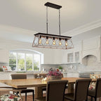 Q&S Dining Room Chandelier Light Fixtures,Farmhouse Rustic Vintage Antique Linear Chandeliers Pendant Ceiling Light Fixture for Kitchen Island Bar Office Coffee Shop 5-Lights Oak and ORB UL Listed