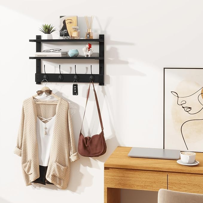 Homode Coat Rack Wall Mount, 2 Tier Wall Shelf with Hooks, 17" Wooden Coat Hanger with Shelf Entryway Key Holder, Floating Shelves for Hanging Hats Keys Towels Jackets Purse Backpack, Black