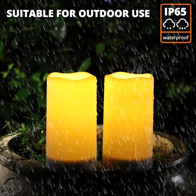 NURADA Large Outdoor Solar Powered Candles - Flameless Pillar Waterproof Rechargeable Candle Set, White Resin, LED Light, Rechargeable Solar Battery Included, Waterproof for Patio Decor 3.25" x 6"
