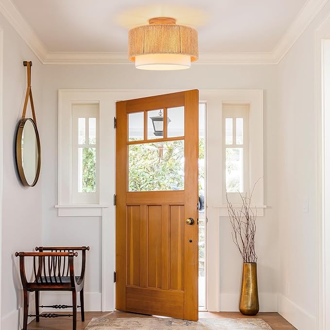 SineRise 12'' Rattan Flush Mount Ceiling Light Fixture,2-Tier Drum Hand-Woven Boho Flush Mount Ceiling Light,Farmhouse Light Fixture for Living Room,Kitchen,Bedroom Foyer Entryway ect.