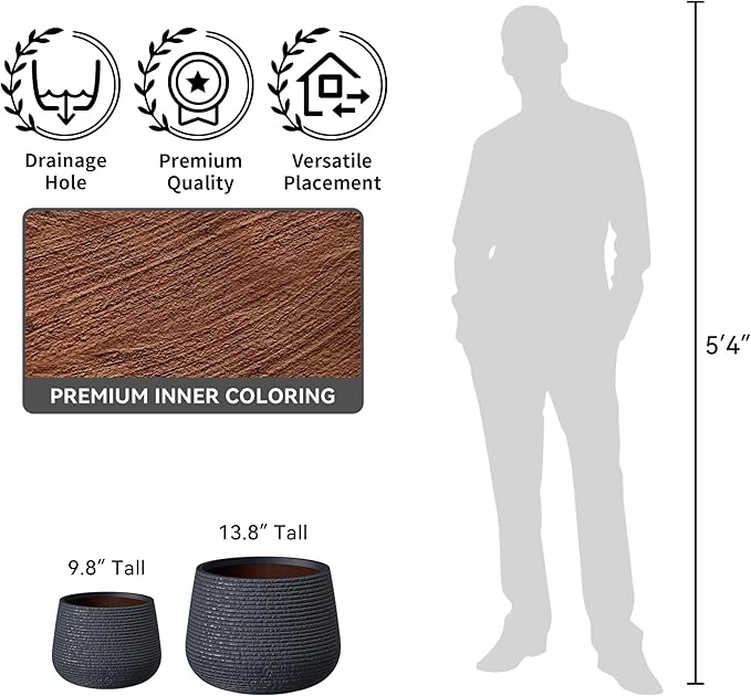 Kante 18.1" Dia Round Fluted Planter with Surface Indentations, Large Flower Pot with Drainage Hole for Indoor & Outdoor Plants, Charcoal Finish with Warm Brown Interior