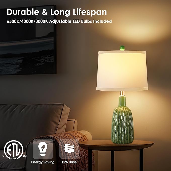 GRUENLICH Ceramic Table Lamp Set of 2 for Nightstand, 22.5" Modern Green Bedside Lamp with 3 Adjustable Color Temperature, Bedroom Lamp for Living Room Desk End Table Office (2 LED Bulbs Included)