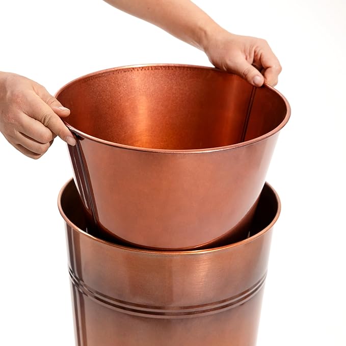 28in Tall Copper Planters Set of 2,Galvanized Steel Tall Outdoor Planter for porches/Indoor/terraces Patio- Copper Color(2planters,2inner pots with Holes, 2trays)