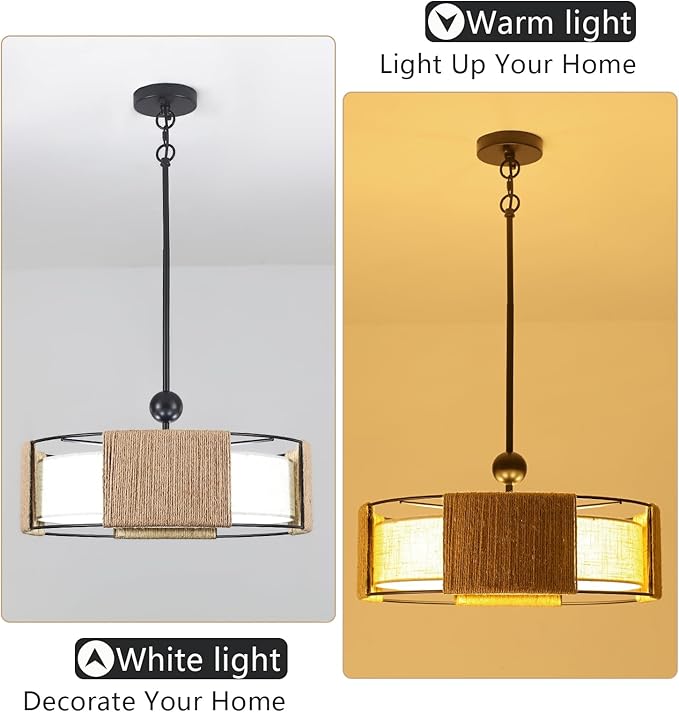 19.7" Rattan Chandelier ，5-Light Boho Dining Room Chandelier，Rustic Chandelier with Fabric lampshade，Suitable for Farmhouse Dining Room ，Living Room， Kitchen Bedroom， Hallway Stairs Hanging