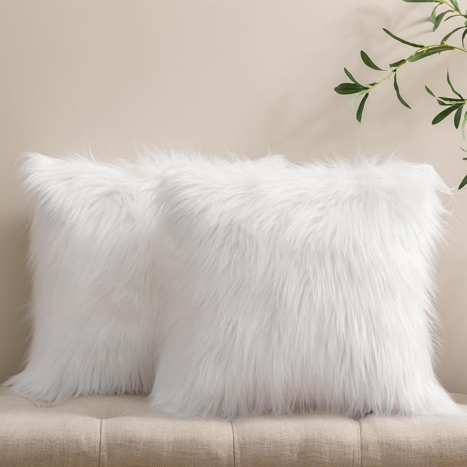 Phantoscope Pack of 2 Faux Fur Solid Throw Decorative Pillow Cover Cushion Covers Luxury Soft Decorative Pillowcase Fuzzy Pillow Covers for Bed/Couch,White 20 x 20 Inches
