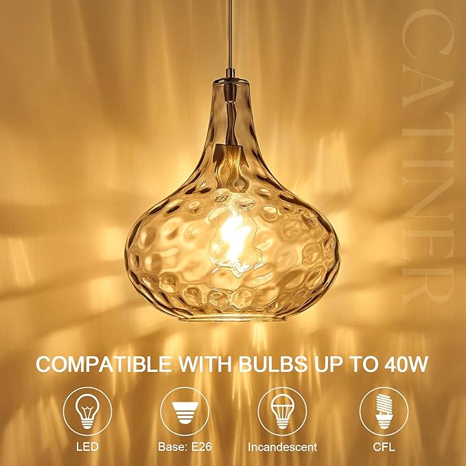 11" Smoked Hammered Glass Pendant Light – Blown Glass Ceiling Fixture with Brushed Nickel Finish, Modern Industrial Lighting for Kitchen Island, Dining Room, Hallway, Living Room