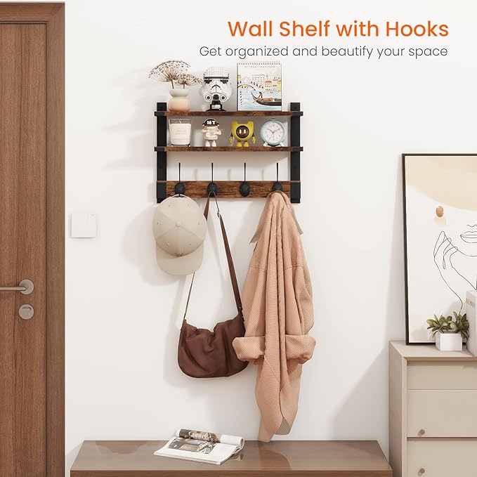 Homode Two-Tier Wall Shelf with Hooks, 17 Inch Coat Rack Wall Mount with Shelf, Wood Coat Hanger Entryway Hanging Storage Shelves with 4 Double Hooks for Bathroom Bedroom Living Room, Rustic Brown