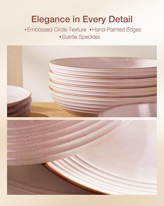 Famiware Jupiter Dinnerware Set, Plates and Bowls Dish Sets for 8 (24 Pieces), Microwave and Dishwasher Safe Stoneware Speckled Tableware, Chip and Scratch Resistant, Light Pink