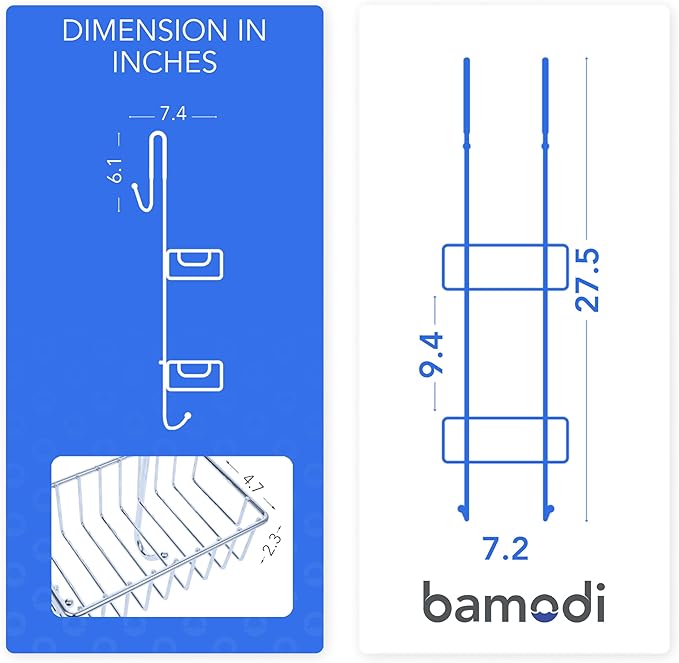 Bamodi Shower Caddy Hanging - 2 Tier Over Door Chrome Plated - No Drilling Required - Fits Shower Screens up to 0.78 inches - Hangable Shower Rack with 2 Towel Hooks (27.5 x 7.5 x 7.3 INCHES)