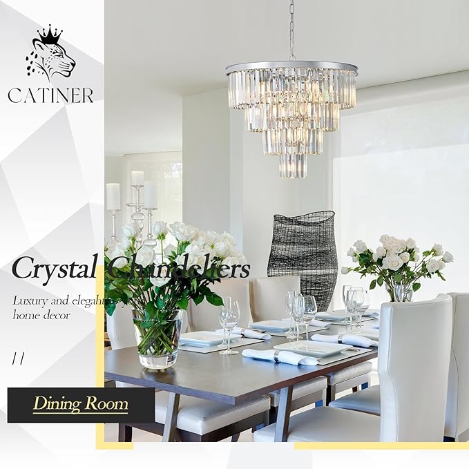 Modern Chrome Crystal Chandeliers 24” Luxury Chandeliers 4-Tier 12 Lights K9 Crystal Round Ceiling Pendant Light Fixture Contemporary for Living Dining Room Foyer Staircase Bedroom
