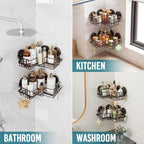 TAILI 2 Pack Powerful Suction Cup Shower Caddy Corner-adaptive, Stainless Steel Rustproof Shower Shelves with Hook, Drill-Free Wall Suction Baskets, Large Capacity Removable Bathroom Organizer, Brown