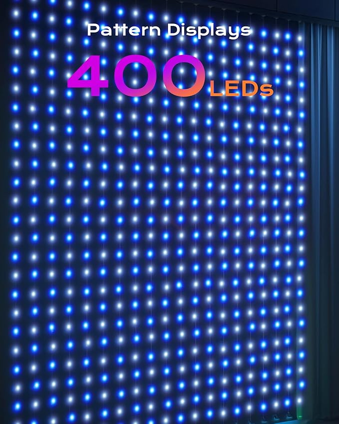 Brightown 400 RGBIC LED Smart Curtain Fairy Lights, 6.6x6.6ft Dynamic Color Changing Christmas String Lights with Remote, IP65 Waterproof Smart Wall Window Lights for Bedroom Living Room Garage