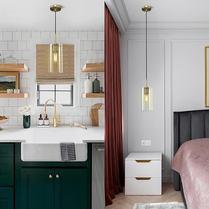 Modern Brass Pendant Lights Kitchen Island Glass Pendant Light Fixtures, 9.5'' Farmhouse Clear Glass Cylinder Pendant Light, Gold Kitchen Pendant Lighting over Island Sink, E26 Bulb Included