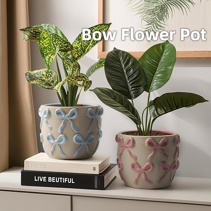 Ceramic Flower Pots for Indoor and Outdoor Plants, Succulent Orchid Round Clay and Terracotta Planter for Garden Home Modern Decoration 5.3 Inch (Blue Bow, Without Saucers)